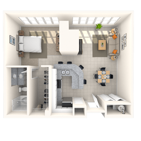 Floor plan for studio, 1 bath, 885 sqft